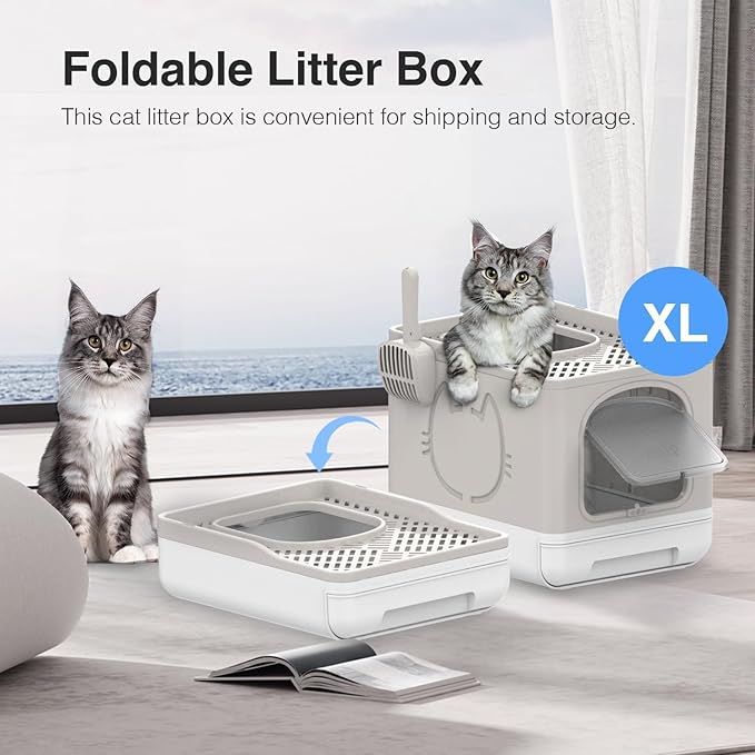 All for Paws Foldable Cat Litter Box with Top Entry, Mess Proof Enclosed Litter Box for Cats with Handy Litter Scoop, Anti-Splash Cat Toilet, XL