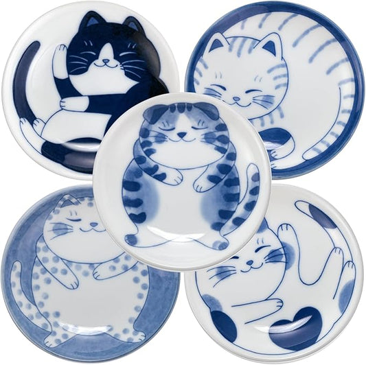 5 Piece Set of Microwave & Dishwasher Safe Cat Design Small Plates - Perfect for Sushi & Desserts, Set of 5, Sprawled Cat