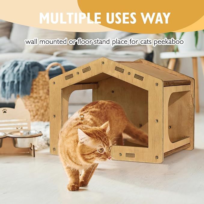 Cat Wall Shelves, Cat Shelves and Perches for Wall, Cat House Fit Cat Up to 25Lbs, 1 Cat Condo House and 3 Large Cat Steps with Scratching Pad, Cat Climbing Shelf for Indoor, Cat Wall Furniture