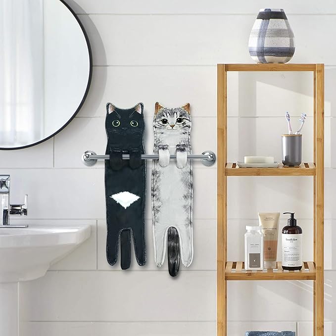 PAT JUUMG Funny Cat Hand Towels for Bathroom Kitchen Decor, Cute Decorative Hanging Face Towels, Super Absorbent Soft, Housewarming Gift, Cat Lovers Gifts for Women (2 Pack)