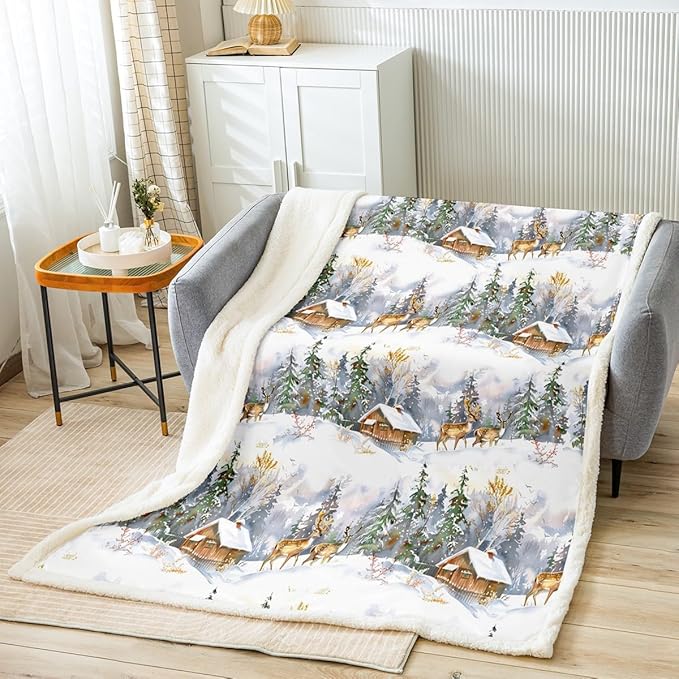 Elk Printed Sherpa Blanket Wild Animal Pattern Fleece Throw Blanket for Sofa Couch Christmas Theme Plush Blanket Winter Nature Tree Deer Room Decor Baby 30"x40"