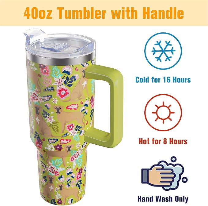 Boxer Dog Gifts for Women Dog Lovers 40 oz Floral Boxer Lover Tumblers with Handle and Straw, Stainless Steel Vacuum Insulated Travel Coffee Mug Cup Water Bottle