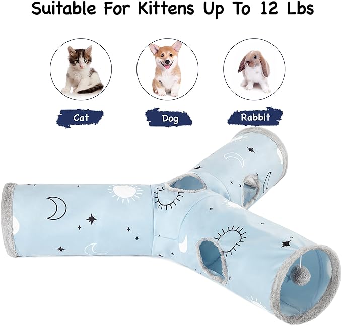 Tempcore Pet Cat Tunnel Tube Cat Toys 3 Way Collapsible, Cat Tunnels for Indoor Cats，Kitty Tunnel Bored Cat Pet Toys Peek Hole Toy Ball Cat, Puppy, Kitty, Kitten, Rabbit Blue Large Size Blue Sun