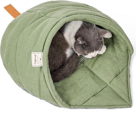 Cat Sleeping Bag,Linen Fabric Cat Bed Cave Leaf Nest Pet Cuddle Zone Covered Hide Hood Burrowing Cozy Soft Durable Washable with Non-Slip Bottom for Indoor Puppy and Kitten (Green with Support)
