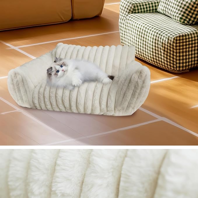 Cat Couch Bed for Pets, 24IN Cat Beds with Premium Soft Corduroy Fleece, Cute Waterproof Cat Sofa with Cotton for Small Medium Dogs & Kittens with Removable Washable Cover (Cream White)