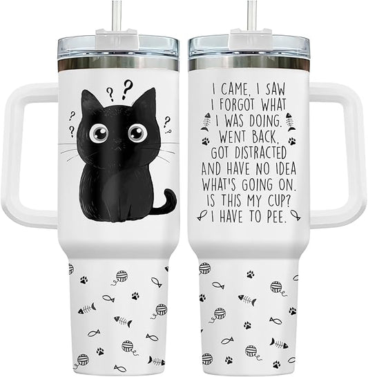 34HD Funny Black Cat Tumbler with Handle and Straw, 40oz Double Wall Vacuum Insulated Pet Mug, I Came I Saw Forgot Cup, Cat Gifts for Women Men Birthday Mothers Day Halloween Christmas