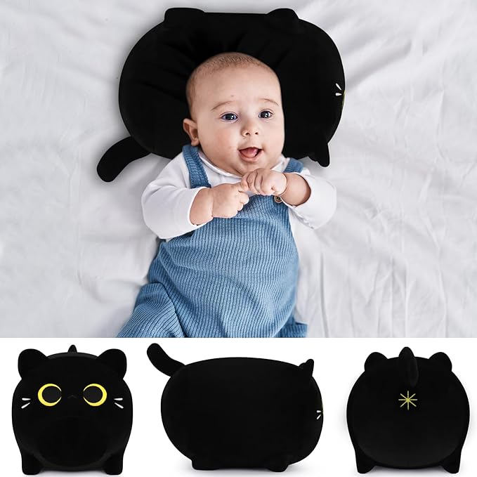 Cute Soft Plush Cat Plushie - 11.8'' Black Cat Stuffed Animal, Cat Plush Pillow for Kids, Girls & Boys
