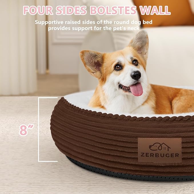 30in Round Cat Dog Bed for Large Medium Small Dogs Cats, Machine Washable Sleeping Sofa, Non-Slip Bottom Breathable Soft Calming Pet Cuddler for Indoor/Outdoor/Car/Cage, Brown