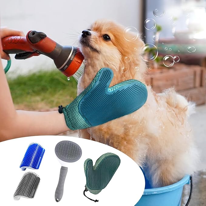 4 Pcs Cat Brush Kit for Indoor Cats, Self-Cleaning Slicker Cat Brush, Cat Brush Glove, and 2 Cat Wall Scratchers for Easy Shedding, Detangling, and Relaxing Grooming for Long and Short-Haired Cats