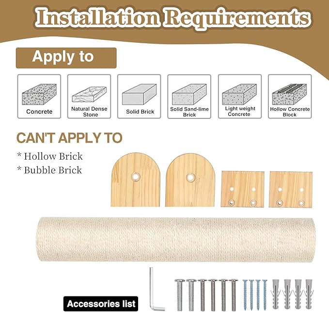 Wall Mounted Cat Scratching Post - 21'' Wooden Sisal Cat Scratcher,Hemp Rope Scratcher Posts for Indoor Cats or Kittens- Cute Modern Wall Mounted Cat Furniture