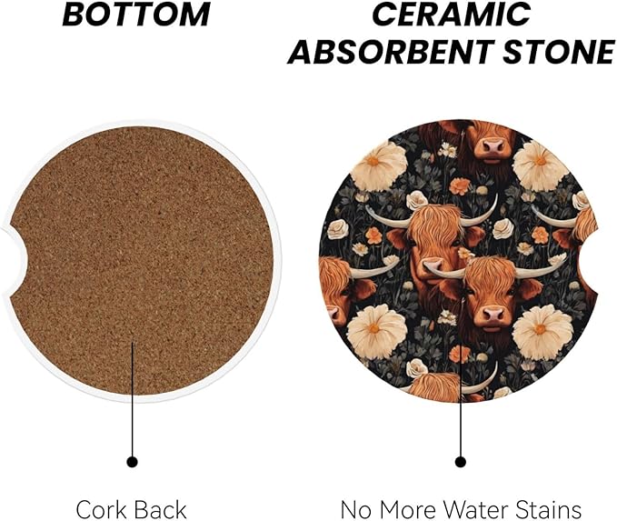 Absorbent Ceramic Car Coasters for Cup Holders, Yak Highland Cow Flower Design 2.56" Anti Slip Universal Drink Cup Coasters for Women Men (2 Pack)