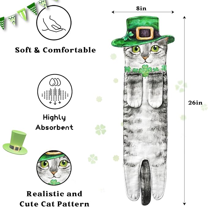 St Patrick Day Cat Hand Dish Towels- Shamrock Garland St Patricks Day Decorations Decor for Home Kitchen Bathroom-Mothers Day Housewarming Birthday Gifts for Women Cat Lovers
