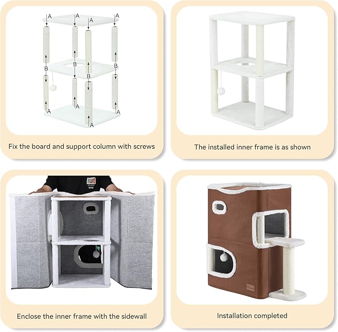 YITAHOME 2-Tier Cat House, Indoor Cat Cave Bed Playhouse, Flannel & Cool Mat, Covered Cat Beds with Scratch Pad and Hideaway Cave, Cute Modern Cat Condo Furniture for Multi Small Cats, Brown