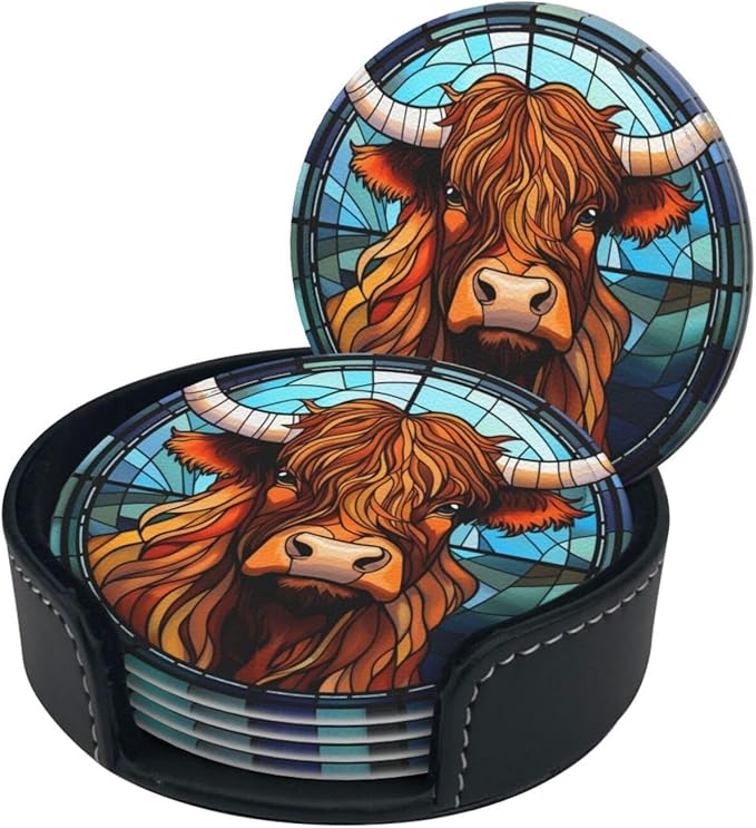 Highland Cow Drink Coaster Set of 6, Highland Cow Decor Gifts, Leather Drink Coasters with Holder, 6 Pack Cup/Bar/Drink Coasters for Table/Drinks/Coffee Protection Housewarming Gift