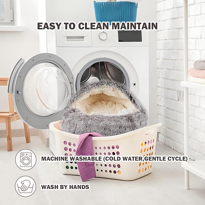 Cat Bed Calming Cat Beds,Indoor Washable Cat Bed，Anti-Slip Faux Fur Fluffy Cuddler Anxiety Cat Bed,Warming Cuddler Cushion Bed for Small Medium Dogs and Cats (Khaki, 24 * 24inch)