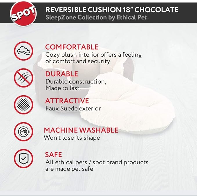 SPOT Sleep Zone Small Pet Bed - High Wall, Reversible Cushion Bed for Indoor Cats & Small Dogs, Durable Faux Suede, Machine Washable for Pets Under 10lbs and 15 inches Long - 18x16in, Chocolate Brown