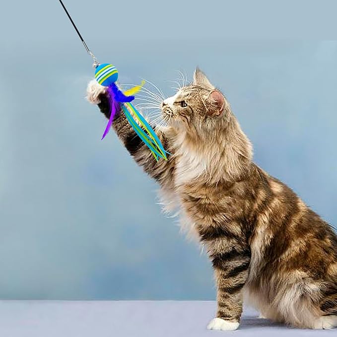 PET SHOW 5 Pack 1.4" Cat Feather Tassel Toys Balls with Bell Soft EVA Foam Colorful Rainbow Toy Balls Interactive Kitten Cats Pets Indoor Outdoor Play Activity Chase Training