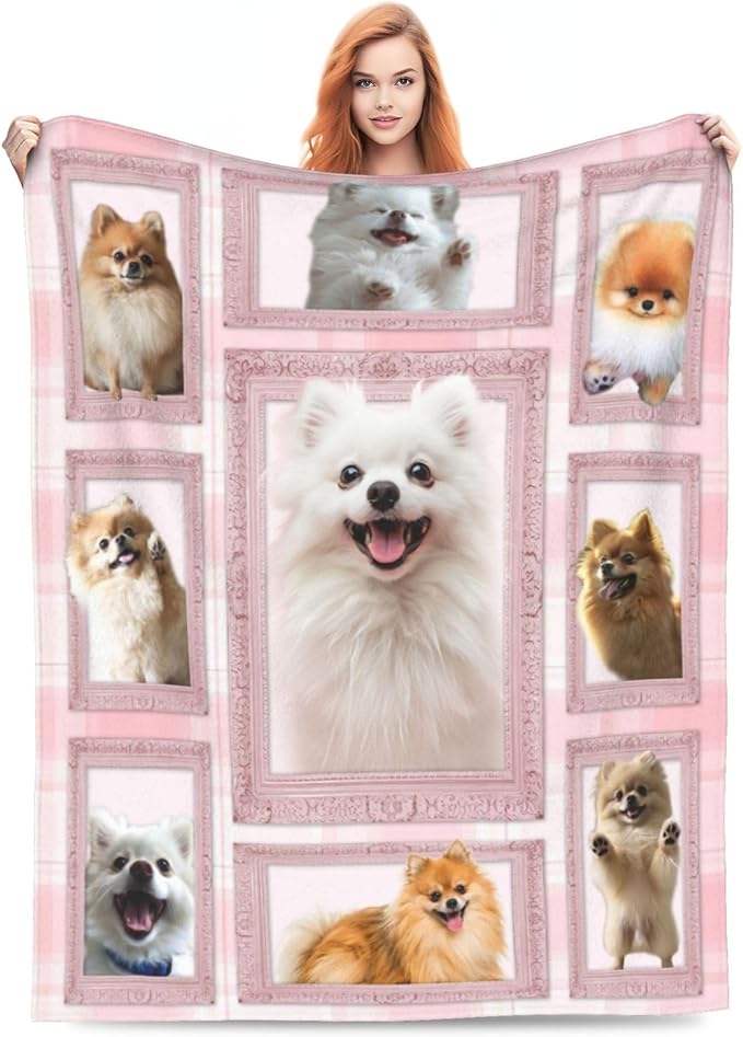 Cute Pomeranian Dog Blanket Pink Pomeranian Decor Throw Blanket Super Warm Soft Plush Lightweight Fleece Flannel Blanket Gifts for Dog Lovers Girls Women Boys Kids for Winter Couch Bedding 60"X80"