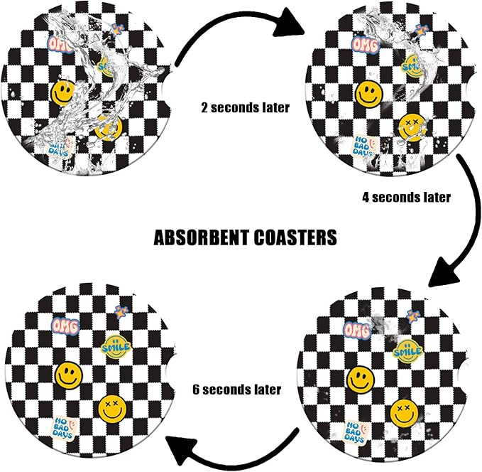 Car Cup Holder Coaster - Black and White Grid Smiley Face Absorbent Ceramic Coaster, Car Coasters for Cup Holders, Auto Accessories for Women & Men, Pack of 2