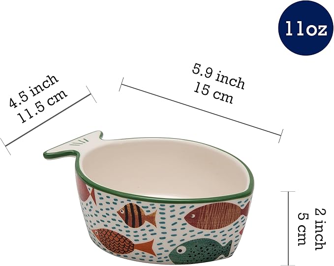 Bico Cute Fish Green Fish Shaped Ceramic Cat Bowl, for Cat and Kitten, Dishwasher Safe