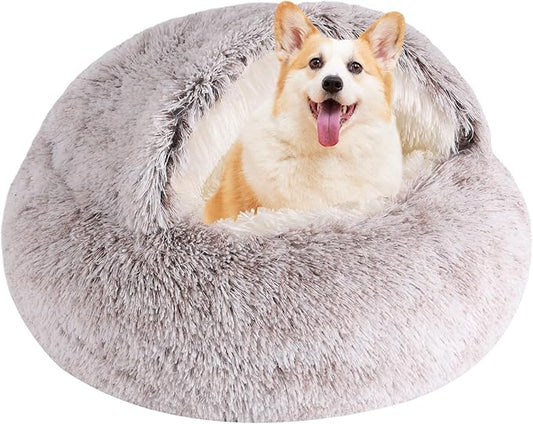 Round Hooded Cat Bed & Dog Bed with Cover Cave, Dog Bed for Small Dogs, Faux Fur Cuddler Round Coved Cat Bed Self Warming Donut Dog Bed Fits up to 22 lbs Pets(Coffee, 24inch x 24inch)