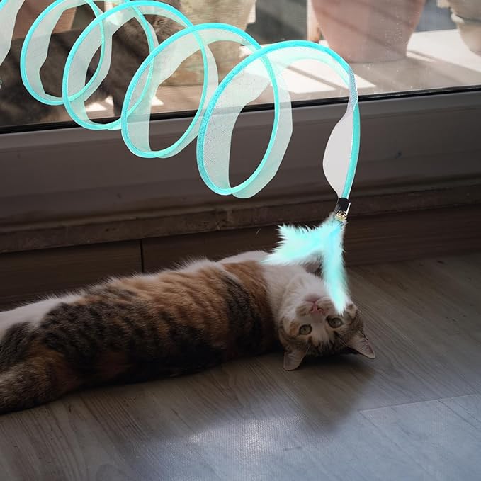 2 Pcs Folded Cat Tube Tunnel Interactive Spring Cat Tunnel Toy for Indoor Cats Exercise, Cat Tunnel Bed for Kitten, Cat Donut Tunnel Whisker Twister with Feather Mouse Toys, Blue & Green