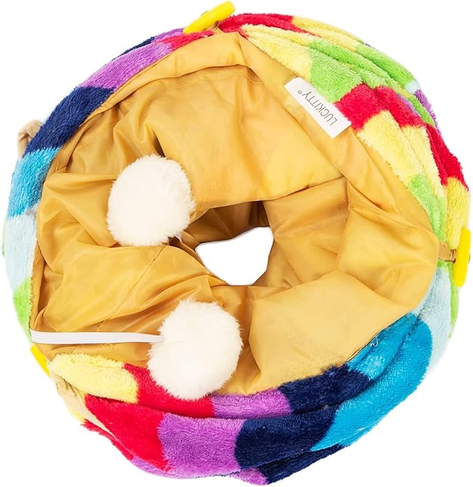 LUCKITTY Cat Tunnel - 3 Way-Shaped, Rainbow Wave Color, Soft Velvet Exterior, Oxford Fabric Fog-Proof Interior, Plush Toy Ball, Easily Washable, Conveniently Foldable