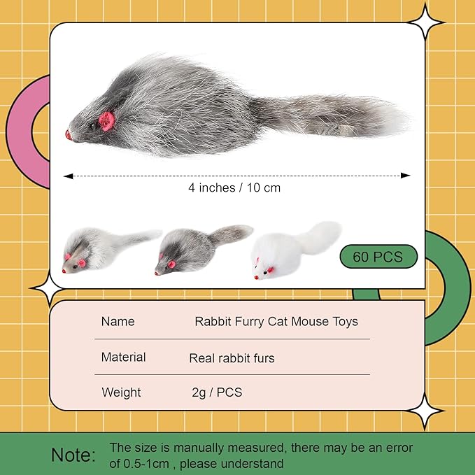 60 Pcs Furry Mice Interactive Catch Play Rabbit Fur Mouse Cat Toy Rattle Sound Rat Plush for PET Cats and Kittens, 3 Colors