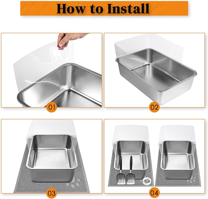 2 PCS Stainless Steel Cat Litter Box, Extra Large Metal Litter Box with Plastic Shields, Kitty Basic Litter Pan 23.6''*15.8'' with Metal Litter Scoopers, Litter Mat
