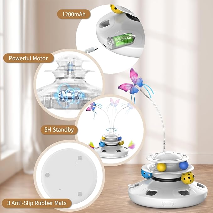 Cat Toys, 4-in-1 cat Interactive Toy for Indoor Rechargeable Automatic with Fluttering Butterfly Random Moving for Bored Indoor Adult Cats Kittens All Breeds White
