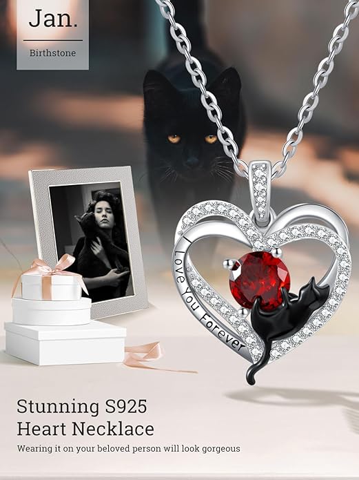 Birthstone Cat Necklaces,925 Sterling Silver Cat Necklace Heart Pendant for Women,Dainty Animal Jewelry for Her,Wedding Anniversary Birthday Gifts for Women Mom Grandma