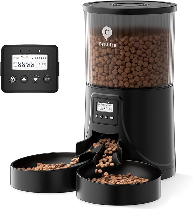 Dual Automatic Cat Feeder: Cat Feeder Automatic for 2 Cats- Timed Auto Feeder 16 Cups/4L Cat Food Dispenser& Dual Power Auto Pet Feeder for Indoor Cat&Dog| 1-6 Meals Portions Control
