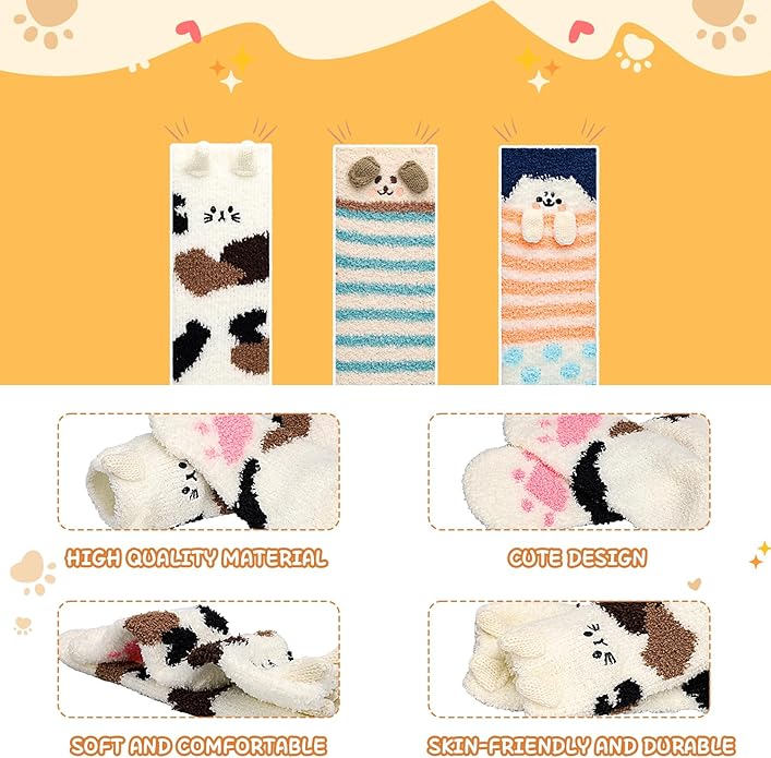3-6 Pairs Womens Fuzzy Socks Cozy Fluffy Slipper Socks Cute Soft Cat Animal Winter Warm Sleep Socks Gifts