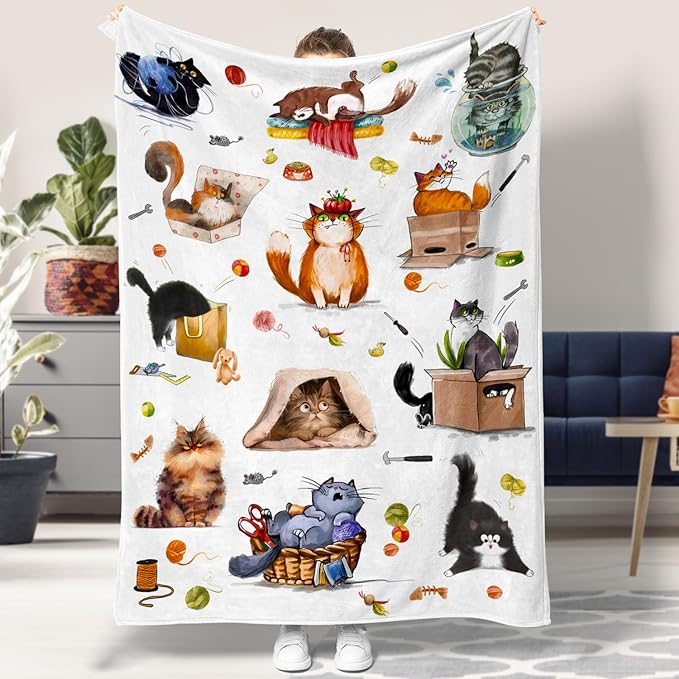 Cat Throw Blanket Cute Cats Bed Blanket for Cat Lovers Animal Print Blankets Super Soft Flannel Fleece Blankets Cozy Fuzzy Plush Throw Blanket for Couch Chair
