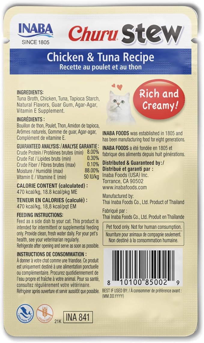INABA Churu Stew for Cats, Broth Gelée with Shredded Chicken Side Dish Pouch with Vitamin E, 1.4 Ounces per Pouch, 12 Pouches, Chicken & Tuna Recipe