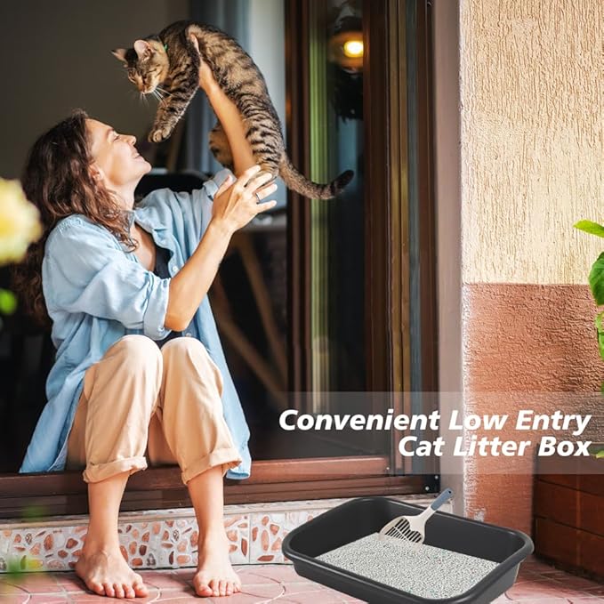 3 Pcs Low Entry Senior Cat Litter Box with Scoop, Extra Large Pet Litter Box Low Entry Open Top Cat Litter Box for Kitten Frail Handicap Disabled Older Elderly Cats