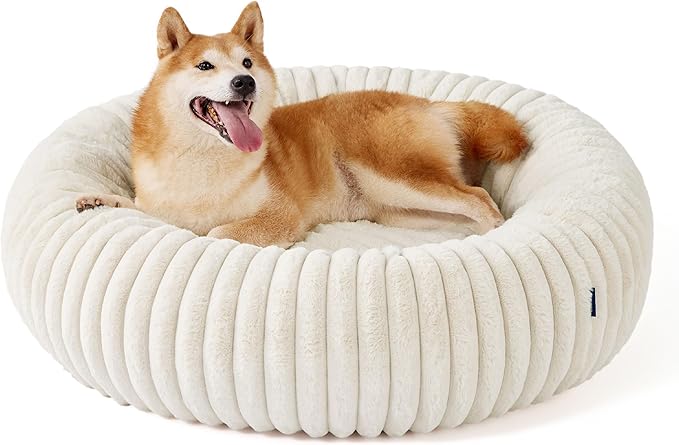 Bedsure Donut Large Dog Bed - Washable Faux Fur Dog Beds Large Sized Dog with Corduroy Fleece & Anti Slip Bottom, Round Pet Beds with Removable Cover, Cream, 36x36x10 inches