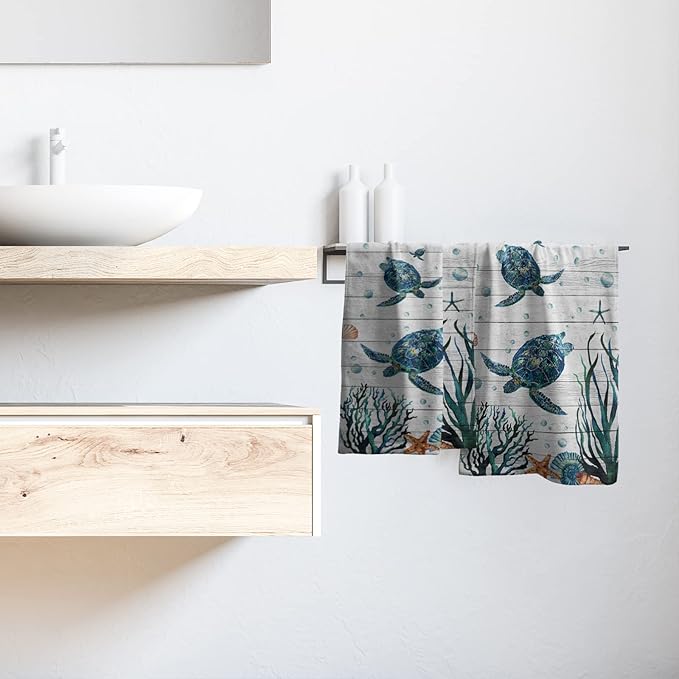Sea Turtle Hand Towels Set of 2 Tropical Ocean Guest Bath Towel Soft Fingertip Kitchen Dish Towel Gym Spa Home Bathroom Decorations