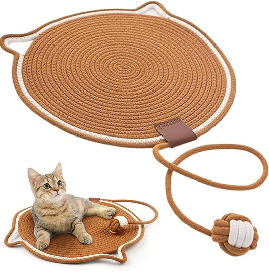 Celery Pets Dual Scratching Pad,Natural Cotton Rope Cat Scratching Pad Mat,Hand-Woven Without Debris Scratching Pads,Pets Dual Scratching Pad with Cat Toy(Caramel,17in)