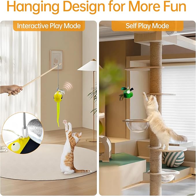 Chirping Cat Toys Hanging Cat Feather Toy - Catnip Interactive Cat Toys for Indoor Cats - Automatic Cat Toy for Cat Exercise & Kicker to Self Play (Bee)