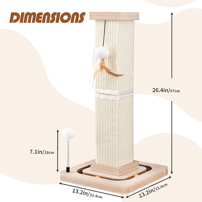 27" Cat Scratching Post, Sisal Cat Scratcher with Interactive Track Balls and Hanging Balls, Vertical Scratching Posts for Indoor Cats and Kittens