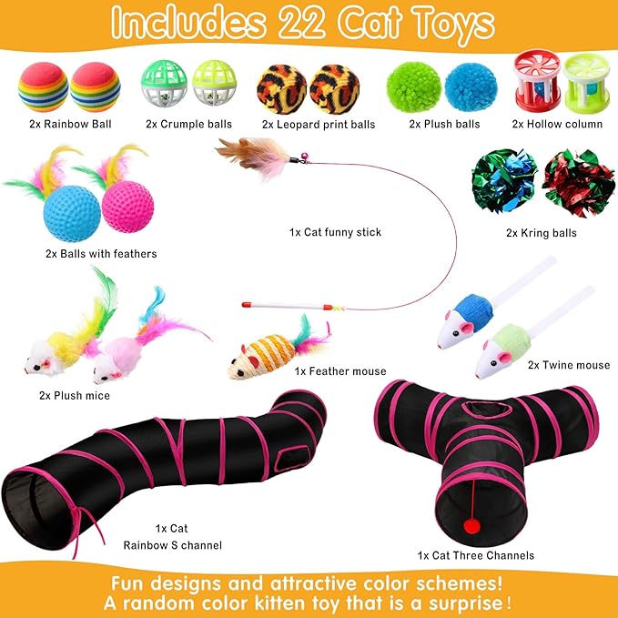 Poen 22pcs Cat Toys Kitten Toys Set with 2 Collapsible Cat Tunnel Toy and 20 Interactive Kitty Toys Cat Feather Toy, Fluffy Mouse, Crinkle Balls, for Cat Kitten Puppy (Rose Red, Black)