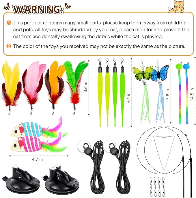 HONGDDY Cat Toys, 14Pcs 4 in 1 Indoor Adult Cat Interactive Toys, Hanging Door Kitten Wand Toys with Suction Cup Removable Feathers Balls Mice Butterfly Streamers