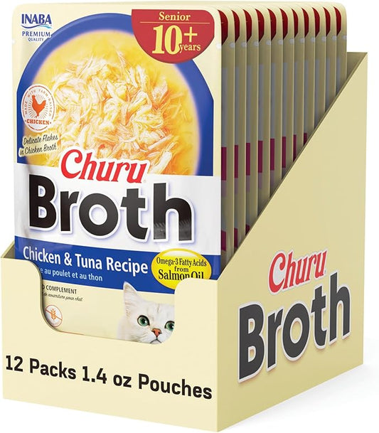 INABA Churu Broth for Cats Senior 10+, Chicken Broth with Shredded Chicken Side Dish Pouch, 1.4 Ounces per Pouch, 12 Pouches Total, Chicken & Tuna Recipe