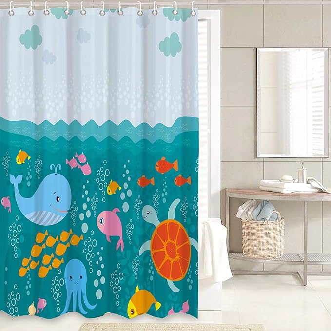4 Pcs Lovely Cartoon Sea Creatures Fabric Shower Curtain for Kids with Non-Slip Rugs, Whale Turtle and Fish Bathroom Decor Curtain for Girls and Boys Fabric Polyester Waterproof 72 * 72in