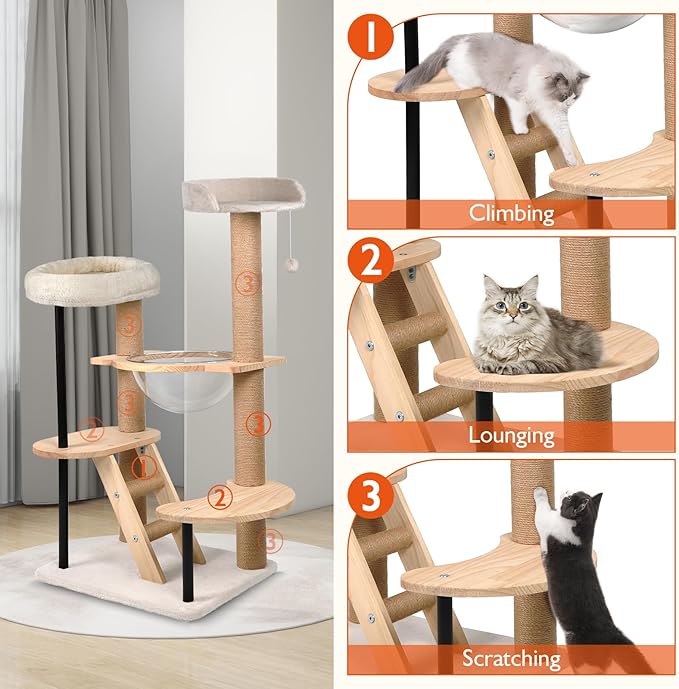 Cat Tree Tower Wood - 40inch Multi-Level Modern Cat Tower with Plush Perch, Cat Box with Large Space Capsule, Platforms, Sisal Scratching Posts, Removable Cushions for Small Cats (Natural)