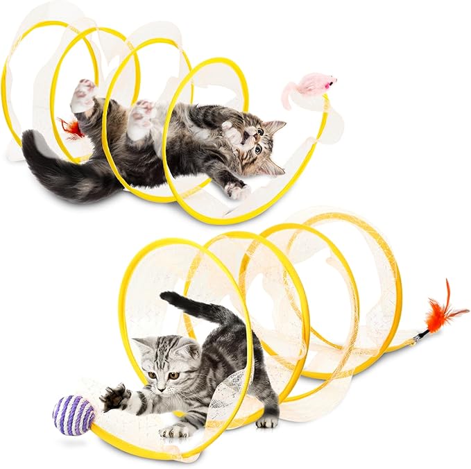 2Pcs Self Play Cat Hunting Spiral Tunnel Toy, Folded Cat Tunnel Toy Spiral Cat Toy, Cat Spring Toy Spiral Cat Toys, Indoor Cat Activity Structure with Feather(Yellow,Size:19.7inch)