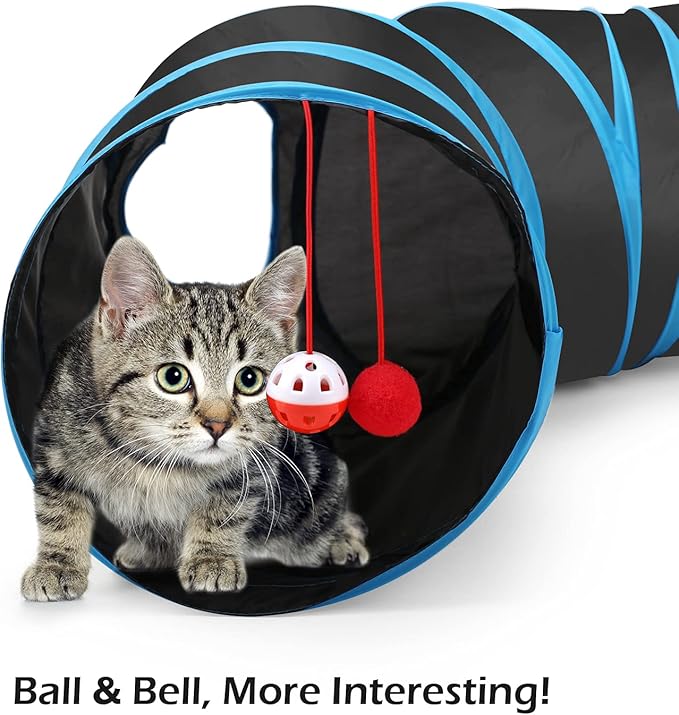 Pawaboo Cat Toys, Cat Tunnel Tube S-Shaped Tunnels 25x97cm Extensible Collapsible Cat Play Tent Interactive Toy Maze Cat House with Balls and Bells for Cat Kitten Kitty Rabbit Small Animal, Blue