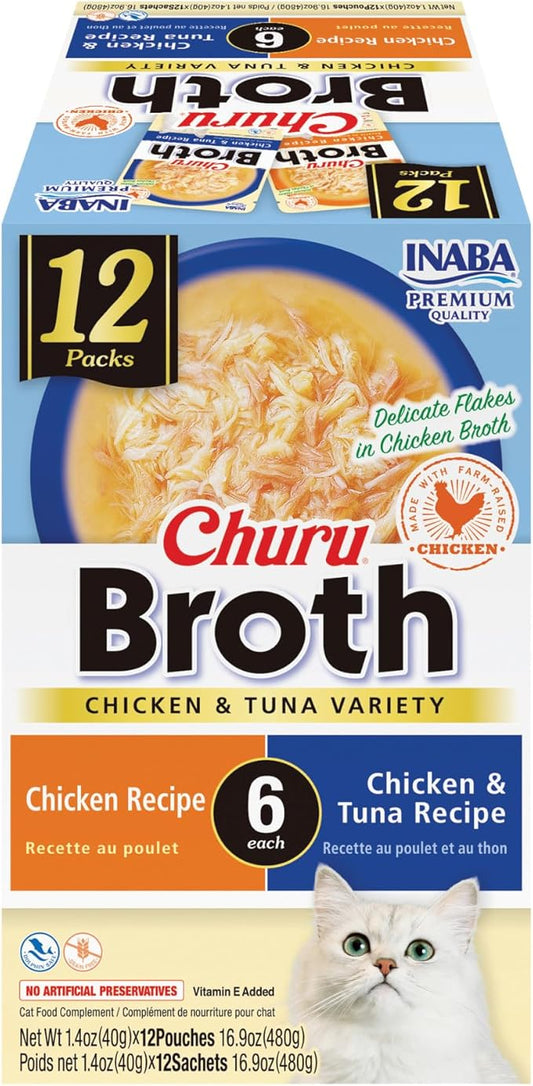 INABA Churu Broth for Cats, Creamy Broth with Shredded Chicken Side Dish Pouch, 1.4 Ounces per Pouch, 12 Pouches, Chicken and Tuna Variety