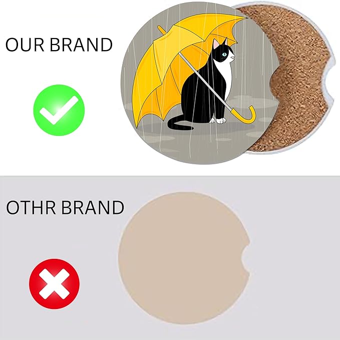 Black Cat Rain Car Coasters for Cup Holders, Absorbent Ceramic Coaster with Cork Back, Car Accessories Gifts for Men Women, 2PCS Universal Anti Slip Car Accessories, Cup Mat for Most Car Interior